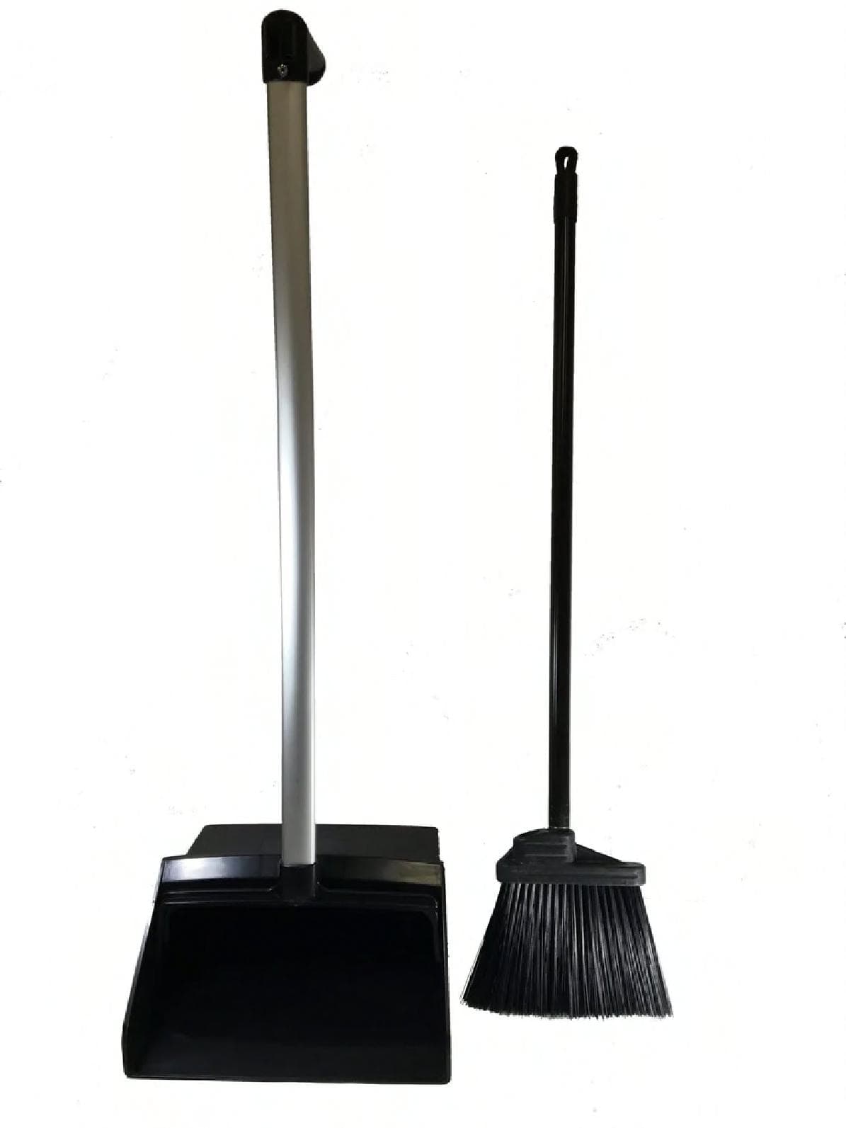 Lobby Broom & Dustpan Black Plastic Aluminum Ergonomic Handle Broom Clip Stiff Bristles 1/Each