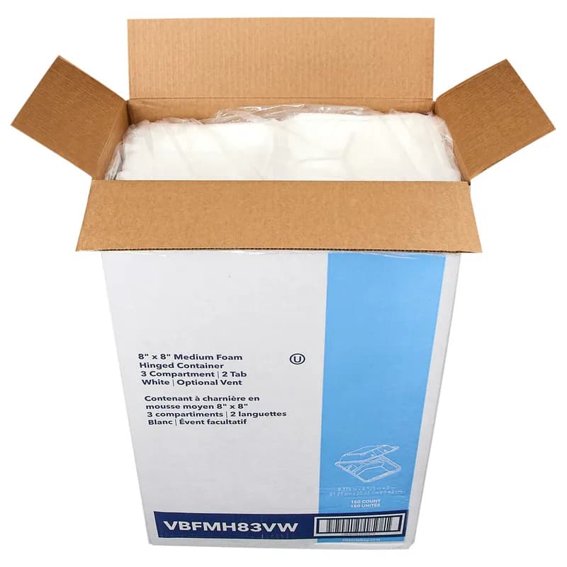 Victoria Bay Take-Out Container Hinged Medium (MED) 8.375X8.125X3 IN 3 Compartment Foam White Tab-Lock Vented 150/Case