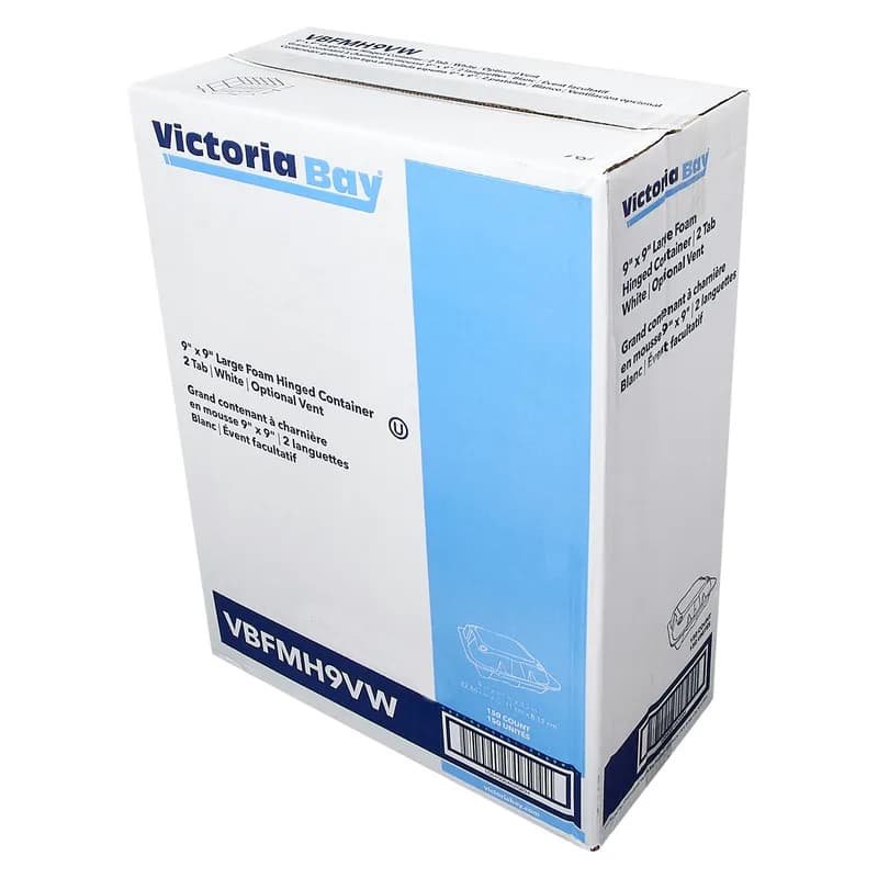 Victoria Bay Take-Out Container Hinged Large (LG) 9X9.1X3.2 IN Foam White Tab-Lock Vented 150/Case