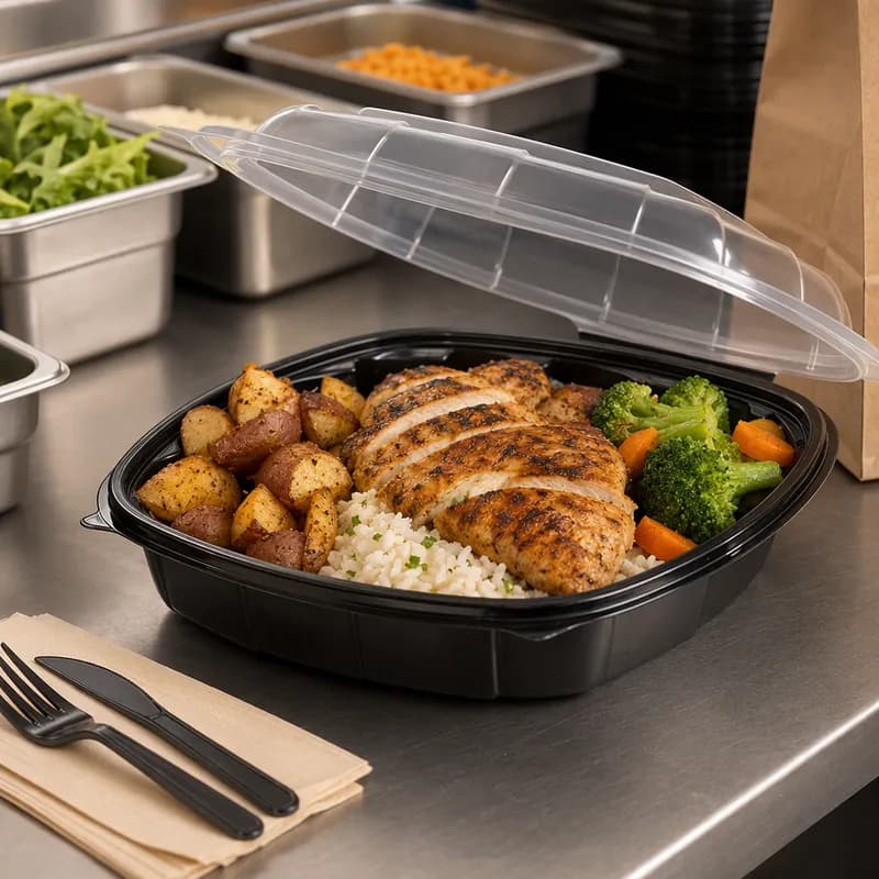 Victoria Bay Take-Out Container Hinged 10X10X2.5 IN PP Black Clear Square 148/Case