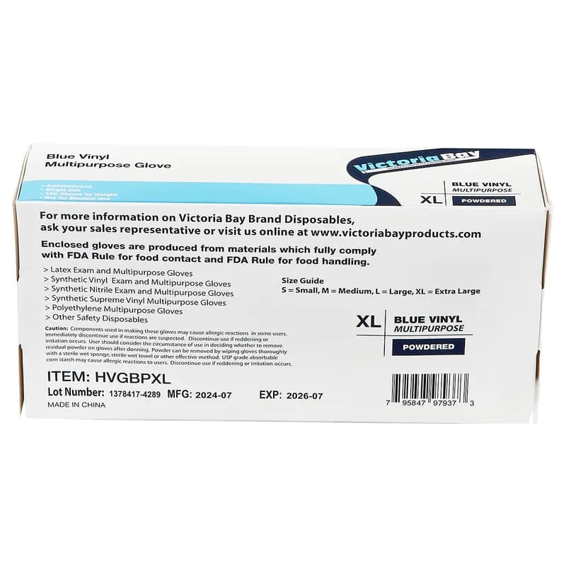 Victoria Bay Gloves XL Blue Vinyl Powdered 1000/Case