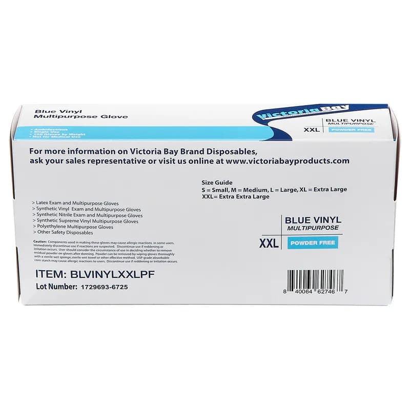 Victoria Bay General Purpose Gloves XXL Blue Vinyl Disposable Powder-Free 100 Count/Box 10 Box/Case 1000 Count/Case