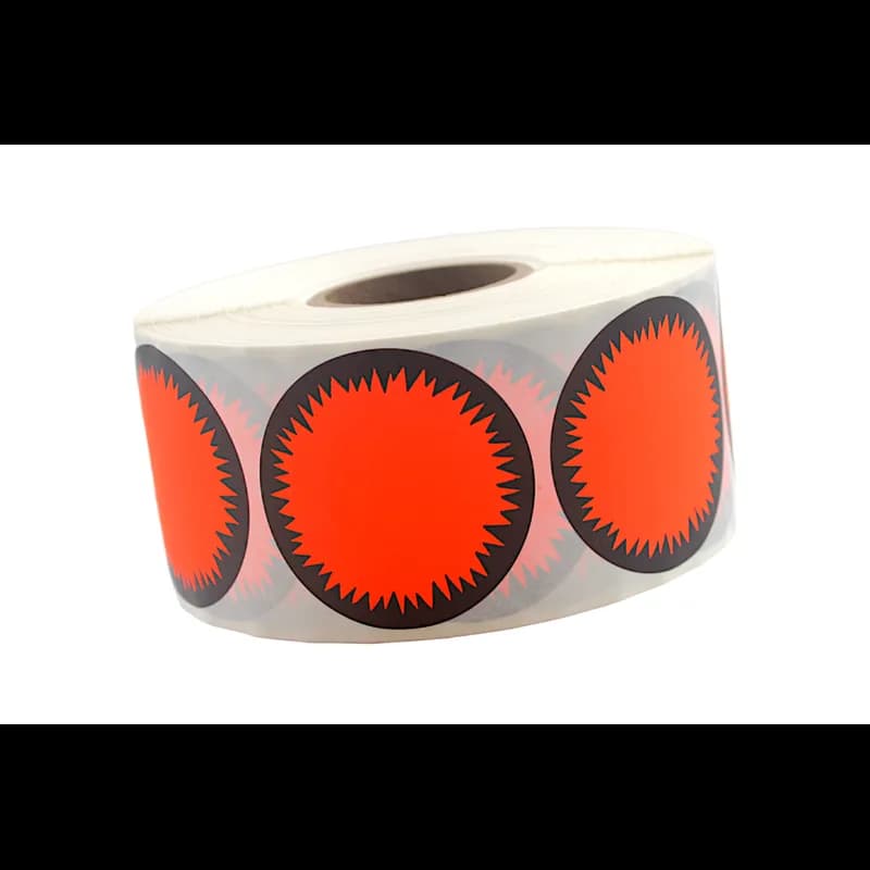Blank Promo Write In Label 2 IN Black Fluorescent Red Starburst Circle 1000 Count/Roll 20 Rolls/Case 20000 Count/Case