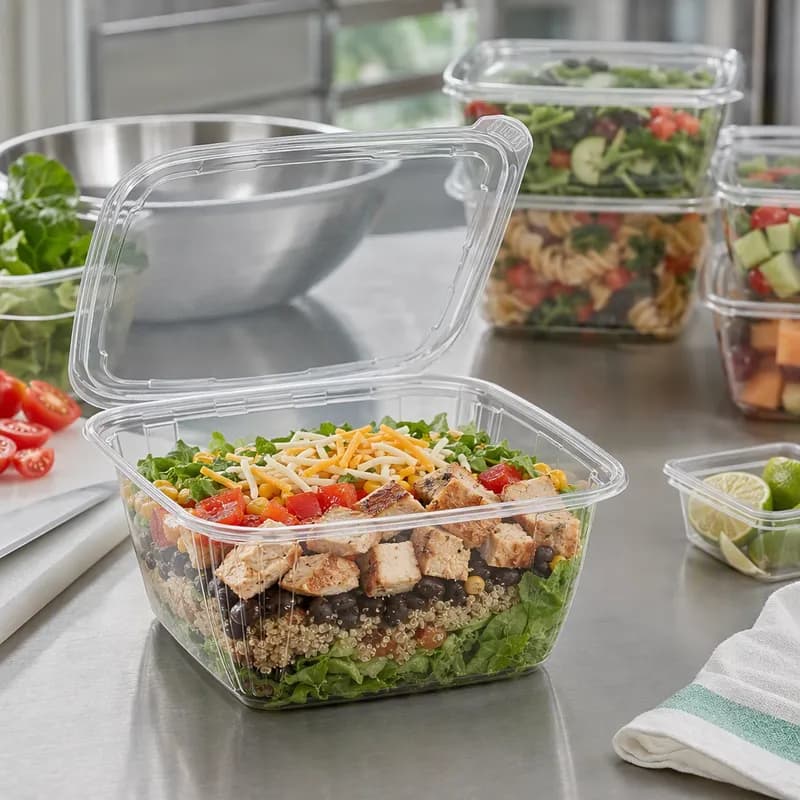 Fresh 'n Clear® Deli Container Hinged With Flat Lid 32 OZ PET Clear Square Tamper-Evident 132/Case
