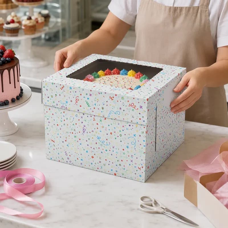 Cake Box 12X12X8 IN White Kraft E-Flute With Window 25/Case