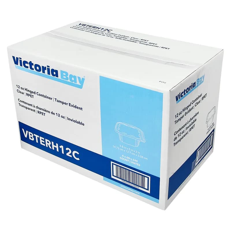 Victoria Bay Deli Container Hinged 12 OZ RPET Clear Tamper-Evident 60 Count/Pack 4 Packs/Case 240 Count/Case