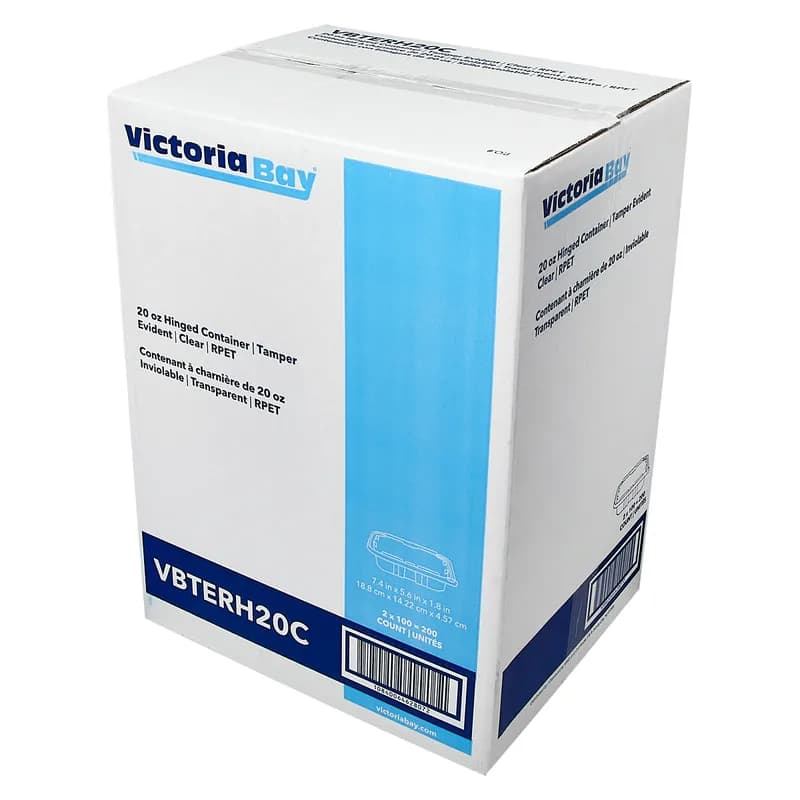 Victoria Bay Deli Container Hinged 20 OZ RPET Clear Tamper-Evident 100 Count/Pack 2 Packs/Case 200 Count/Case