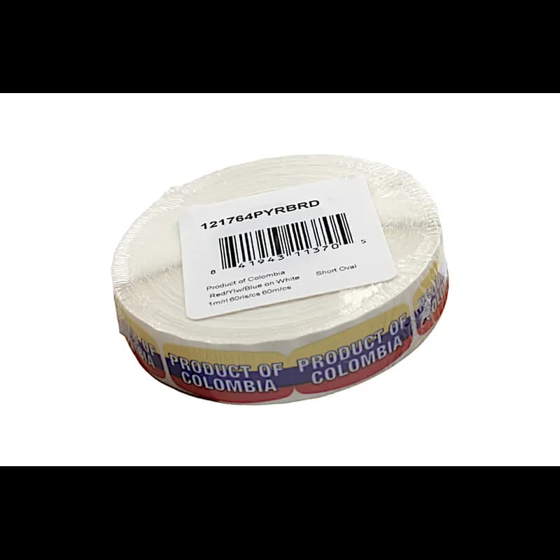 Product of Columbia Origin Label 0.625X1.25 IN Red Yellow Blue White Short Oval 1000 Count/Roll 60 Rolls/Case