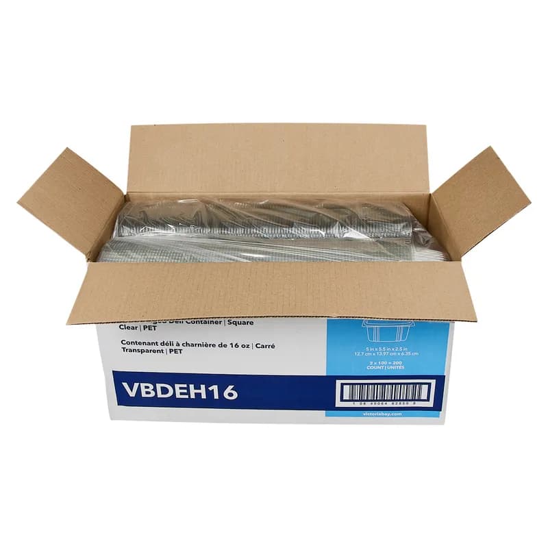 Victoria Bay Deli Container Hinged 16 OZ PET Clear Square 200/Case