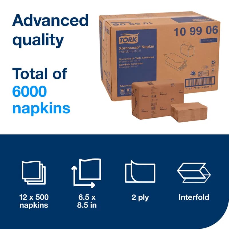 Tork Xpressnap® Napkins 8.5X6.5 IN 4.5X6.5 IN Natural Paper 2PLY Disposable 500 Sheets/Pack 12 Packs/Case