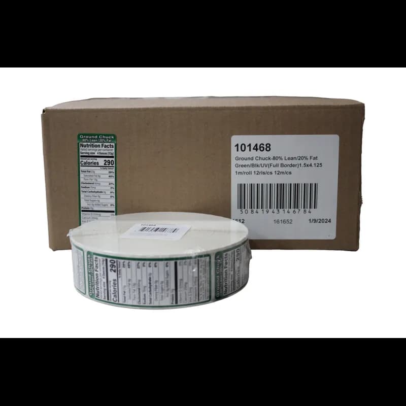 Ground Chuck 80% Lean/20% Fat Nutritional Label 1.5X4.125 IN Green Black UV Full Border 1000 Count/Roll 12 Rolls/Case