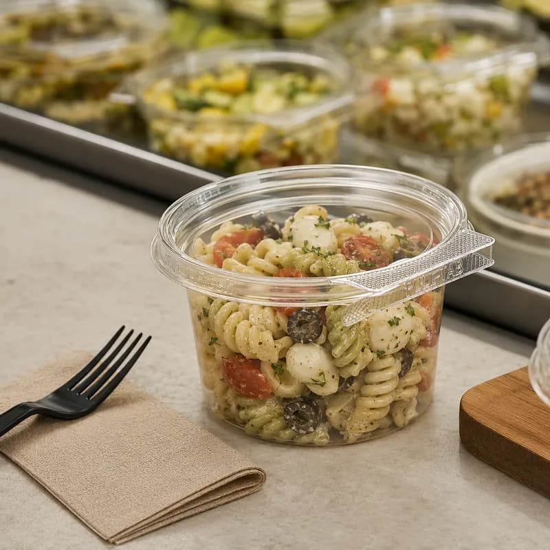 Safe-T-Fresh® Deli Container Hinged With Flat Lid 16 OZ RPET Clear Round 300/Case