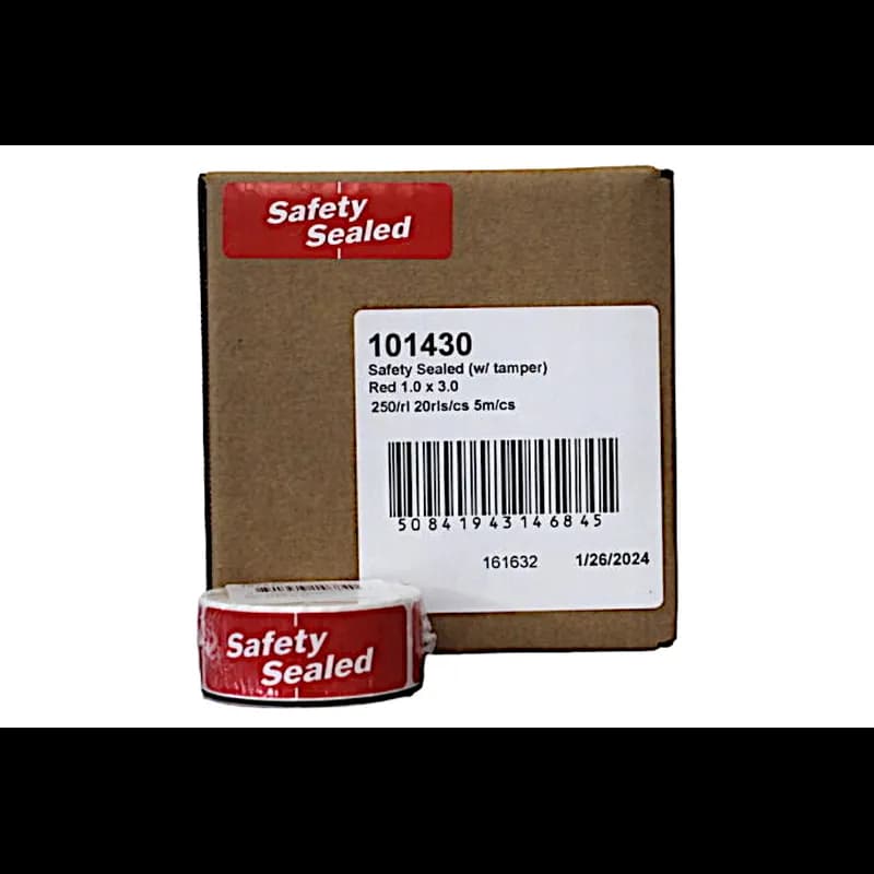 Safety Sealed Promo Label 1X3 IN Red Tamper Evident 250 Count/Roll 20 Rolls/Case 5000 Count/Case