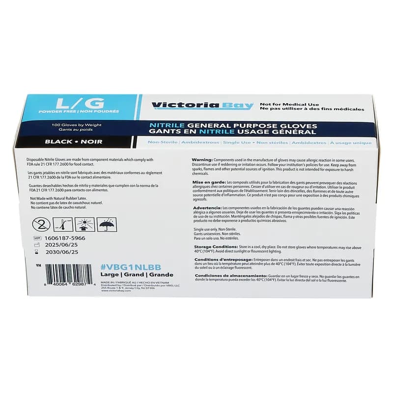 Victoria Bay Food Service Gloves Large (LG) Black Nitrile Disposable Powder-Free 100 Count/Box 10 Box/Case