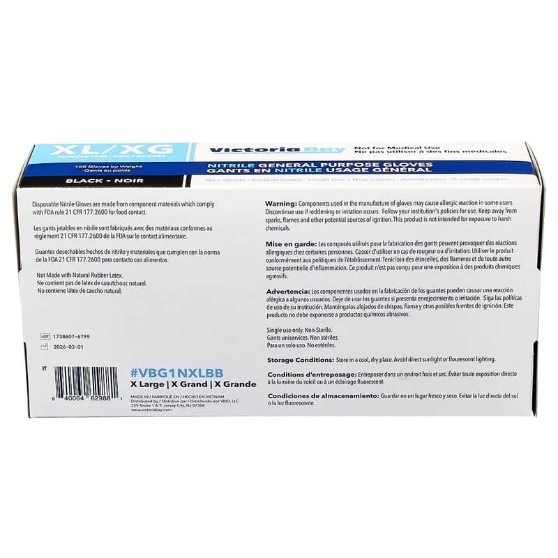 Victoria Bay Food Service Gloves XL Black Nitrile Disposable Powder-Free 100 Count/Box 10 Box/Case 1000 Count/Case