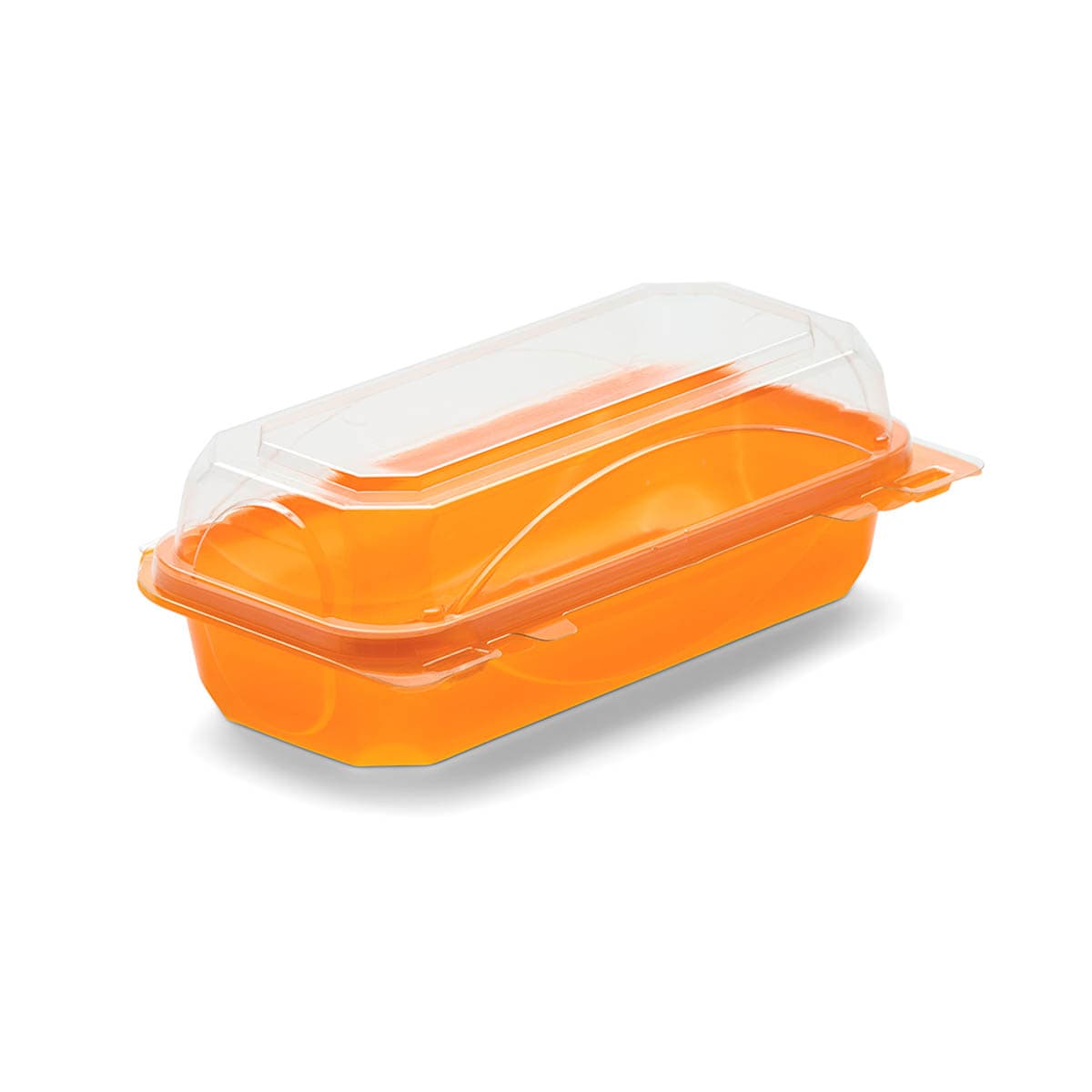 The BOTTLEBOX ® Take-Out Container Hinged 8.75X4.75X2.97 IN RPET Tangerine Clear Rectangle 250/Case