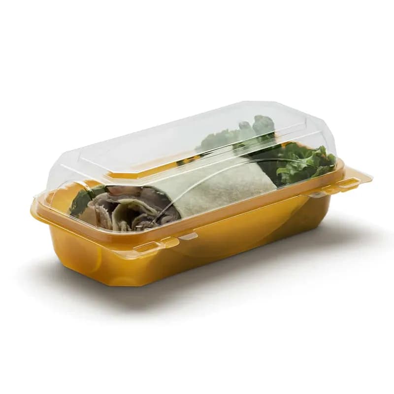 The BOTTLEBOX ® Take-Out Container Hinged 8.75X4.75X2.97 IN RPET Tangerine Clear Rectangle 250/Case