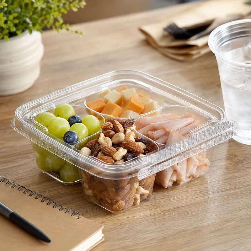 Safe-T-Fresh® Deli Container Hinged With Flat Lid 18 OZ 4 Compartment RPET Clear Square Tamper-Evident 252/Case