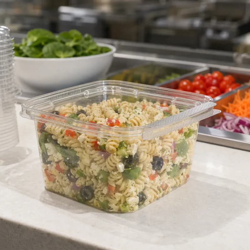 Safe-T-Fresh® Deli Container Hinged With Flat Lid 48 OZ RPET Clear Square Tamper-Evident 216/Case