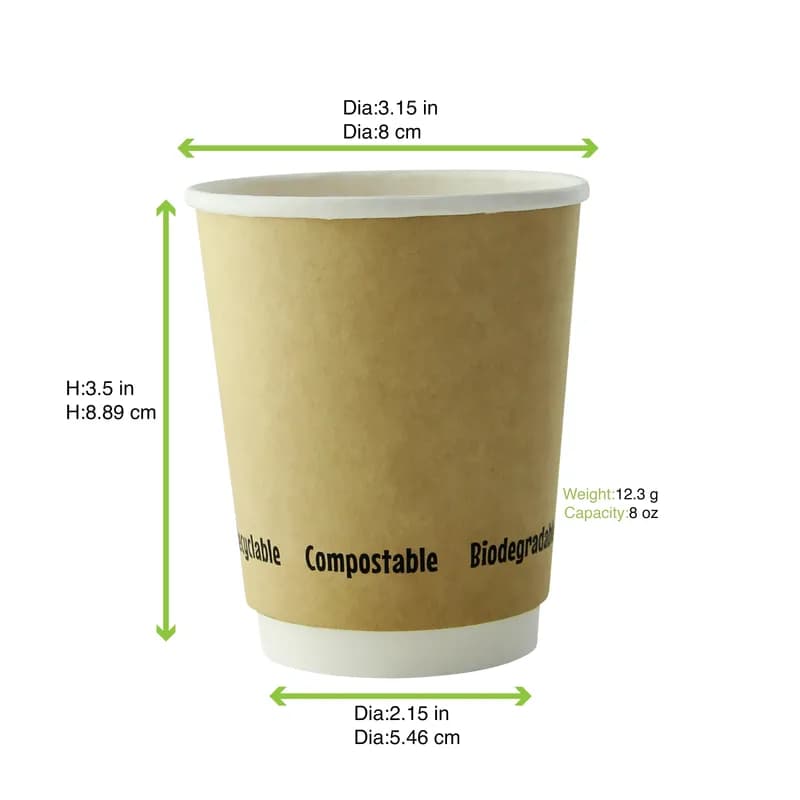 Cup 8 OZ Double Wall Poly-Coated Paper Kraft 25 Count/Pack 20 Packs/Case 500 Count/Case