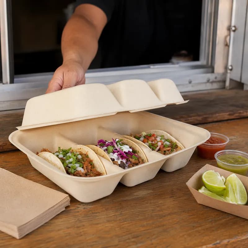Taco Take-Out Container Hinged With Dome Lid 8.3X7X3.2 IN 3 Compartment Pulp Fiber Kraft Rectangle 300/Case