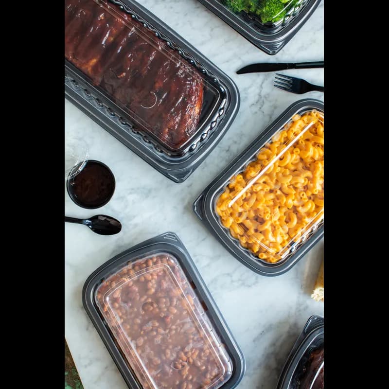Half Rib Take-Out Container Base & Lid Combo 34.3 OZ MFPP OPS Black Clear Rectangle 90/Case