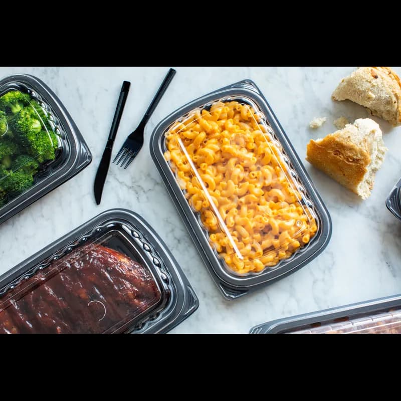 Half Rib Take-Out Container Base & Lid Combo 34.3 OZ MFPP OPS Black Clear Rectangle 90/Case