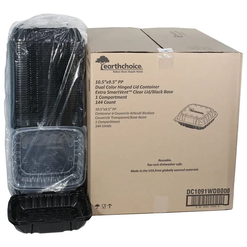 Take-Out Container Hinged 10.5X9.673X3.646 IN PP Black Clear 2-Color Vented 144/Case