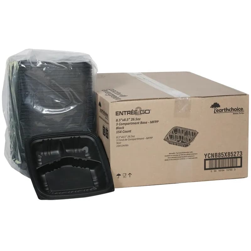 Take-Out Container 27 OZ 8.8X8.8X1.7 IN 3 Compartment MFPP Black 154/Case