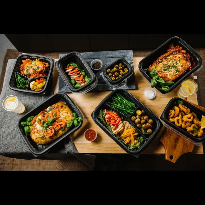 Take-Out Container 27 OZ 8.8X8.8X1.7 IN 3 Compartment MFPP Black 154/Case