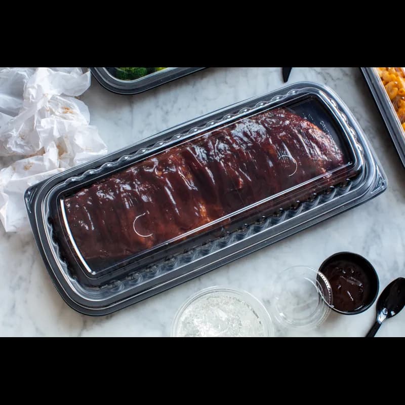 Full Slab Rib Take-Out Container Base & Lid Combo 41.9 OZ MFPP OPS Black Clear Rectangle Vented 80/Case