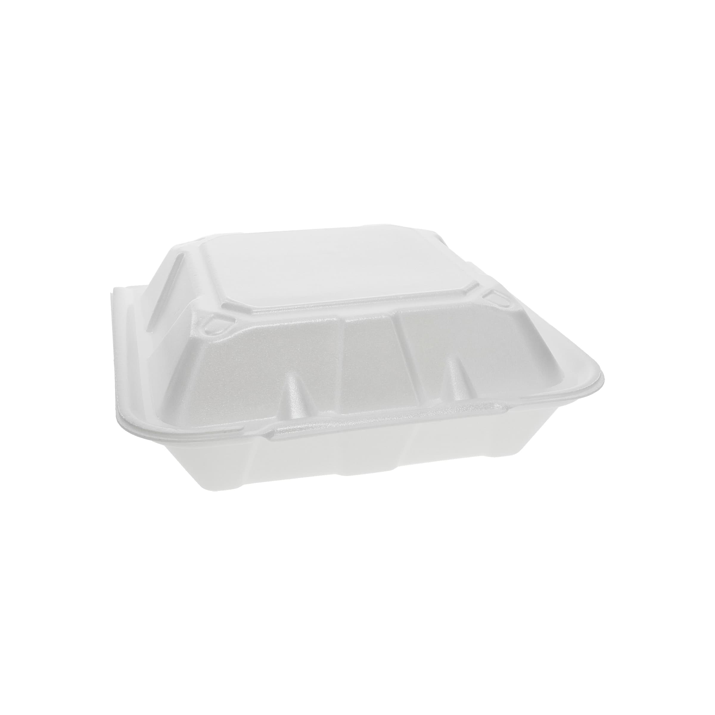 Take-Out Container Hinged 9.1X9X3.3 IN 3 Compartment Polystyrene Foam White Square Closing Tabs 150/Case