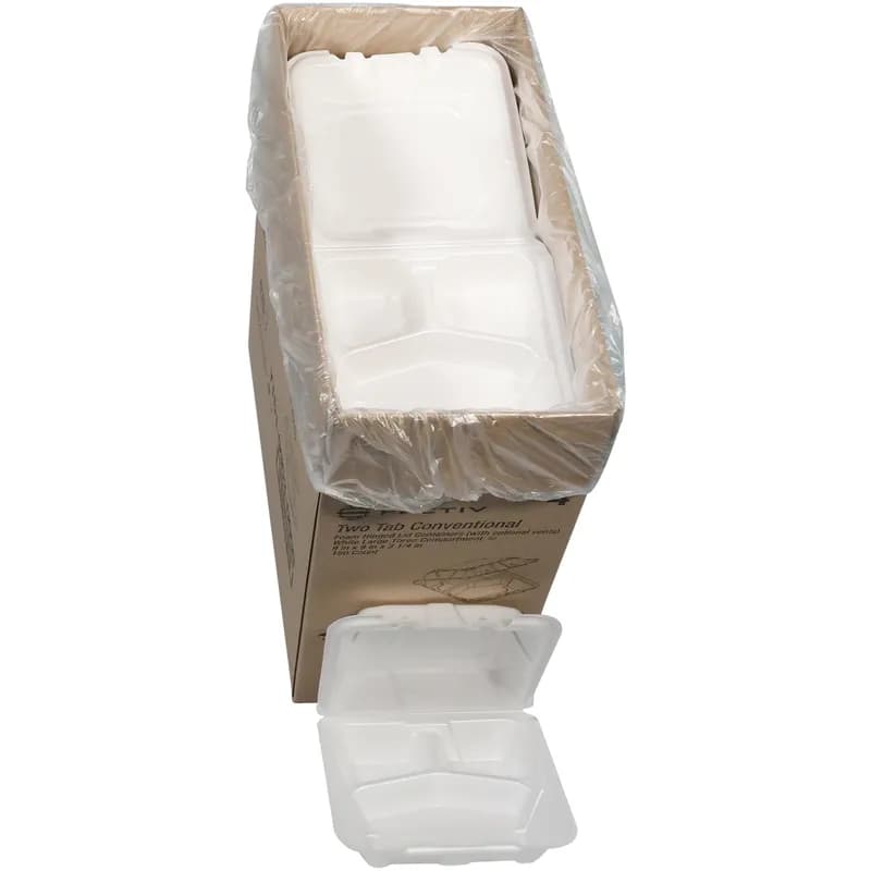 Take-Out Container Hinged 9.1X9X3.3 IN 3 Compartment Polystyrene Foam White Square Closing Tabs 150/Case