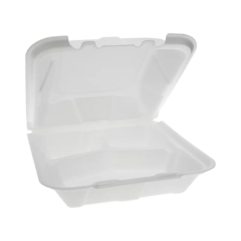 Take-Out Container Hinged 9.1X9X3.3 IN 3 Compartment Polystyrene Foam White Square Closing Tabs 150/Case