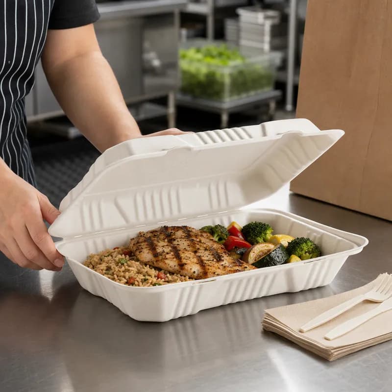 Take-Out Container Hinged With Dome Lid 9X13X3 IN Molded Fiber Rectangle 100/Case