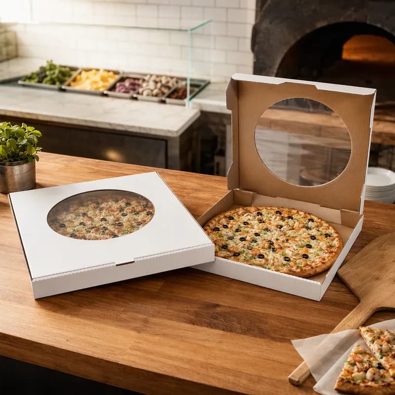 Pizza Box 17 IN Corrugated Cardboard White Kraft Plain E-Flute With Window 50/Bundle