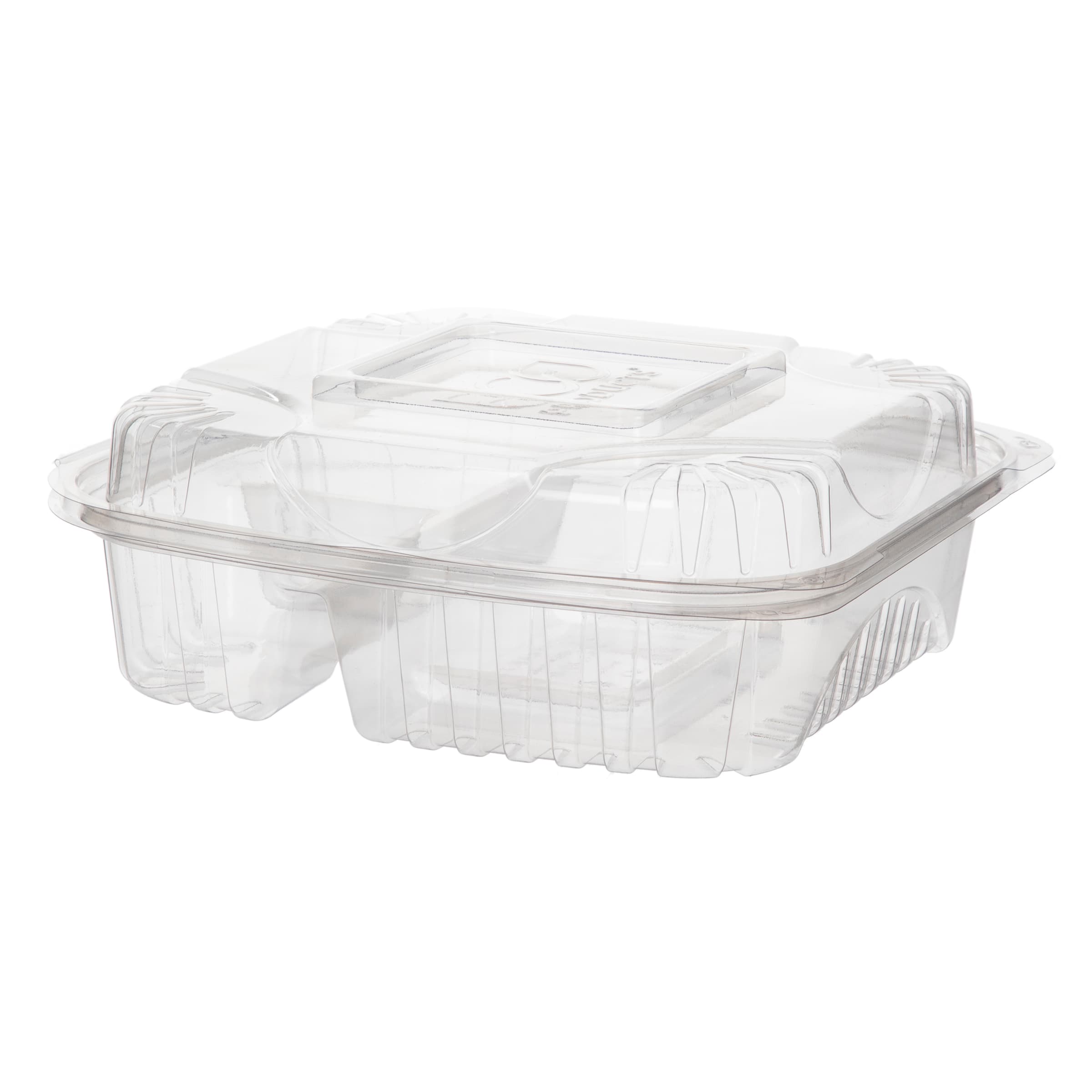 Take-Out Container Hinged 8X8X3 IN 3 Compartment PLA Clear Square 160/Case