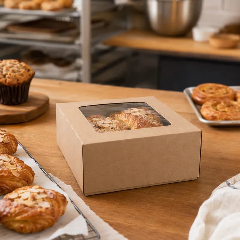 Bakery Box Paperboard Kraft 4 Corner Window Auto-Lock Bottom 150/Bundle