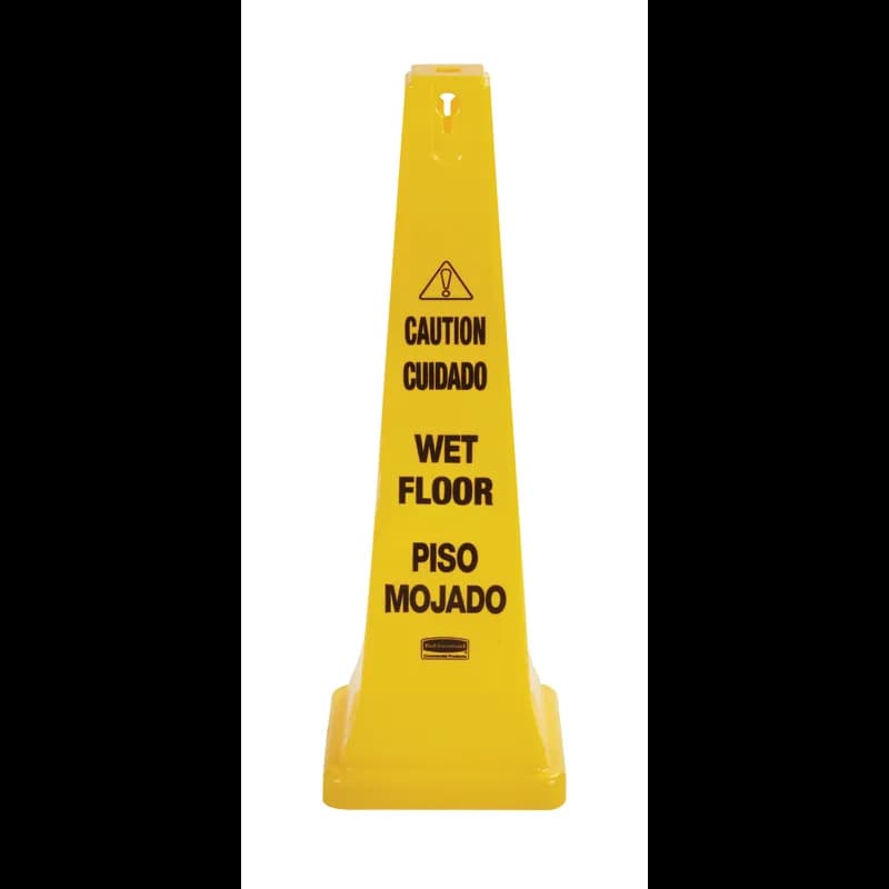 Wet Floor Sign 12.25X12.25X36 IN Yellow Cone Bilingual 1/Each