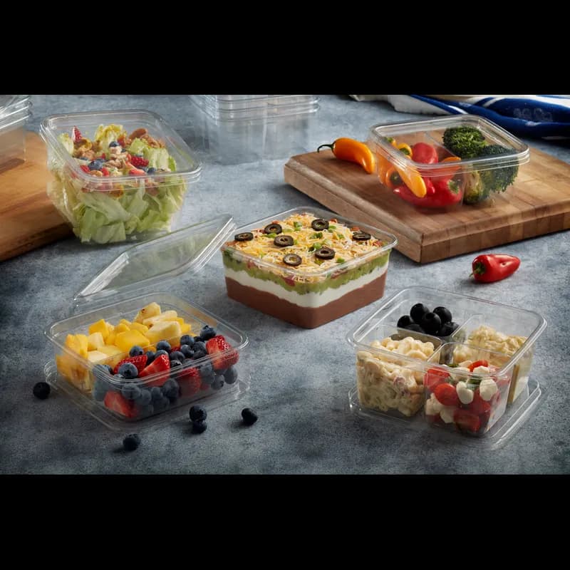 Take-Out Container Insert 32 OZ 6.13X6.13X1.96 IN 3 Compartment RPET Clear Square With Sauce Compartment 360/Case