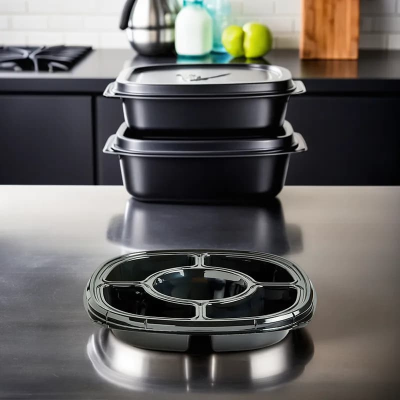 Take-Out Container 12 IN 5 Compartment PET Black Deep With Grooves 50/Case