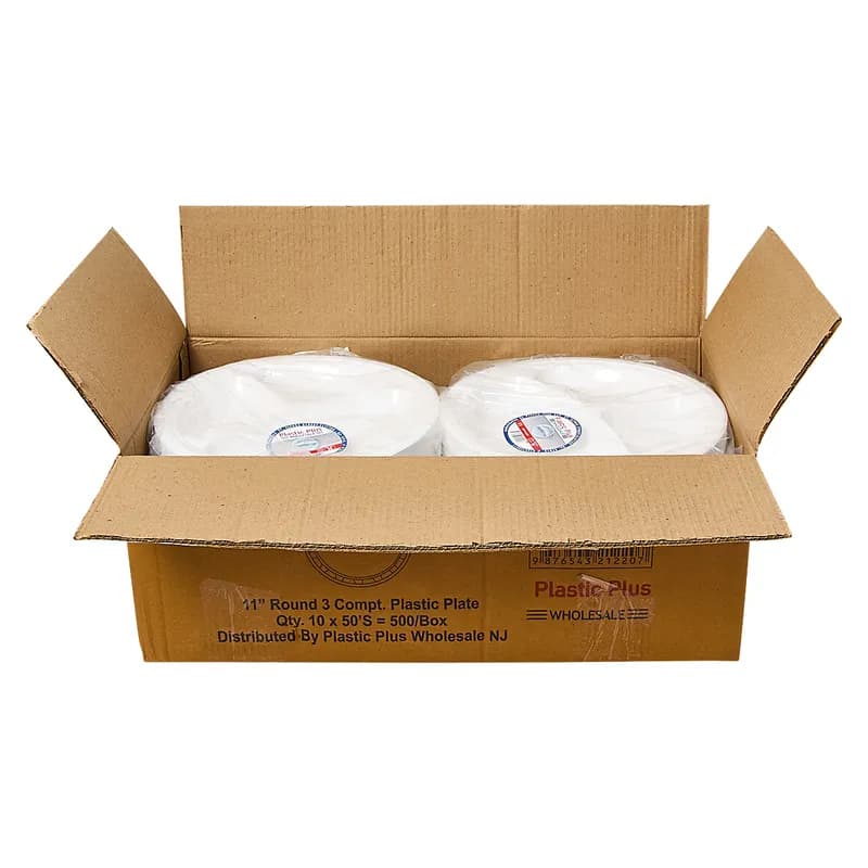 Plastic Plus Plate 11 IN 3 Compartment Plastic 50 Count/Pack 10 Packs/Case 500 Count/Case