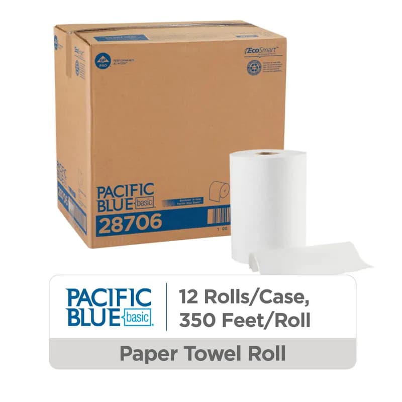 Pacific Blue Basic Roll Paper Towel 7.875IN X350FT 1PLY White Standard Roll EPA Indicator 12 Rolls/Case