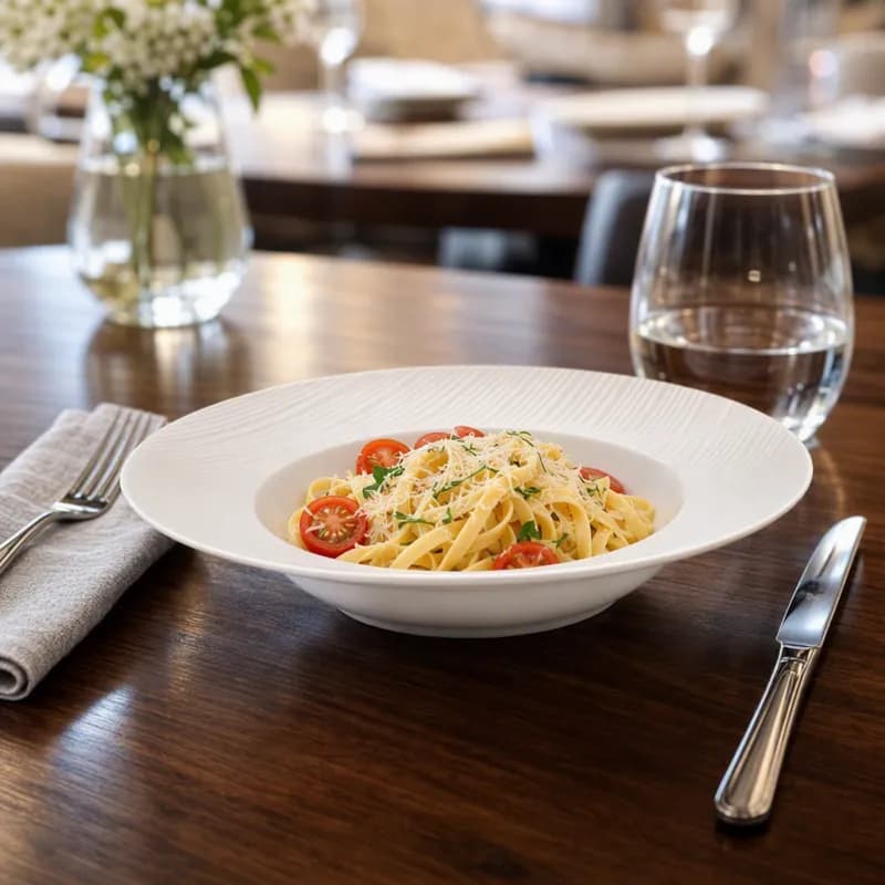 Pasta Bowl 11 IN 20 OZ Porcelain White Embossed Rim 24/Case