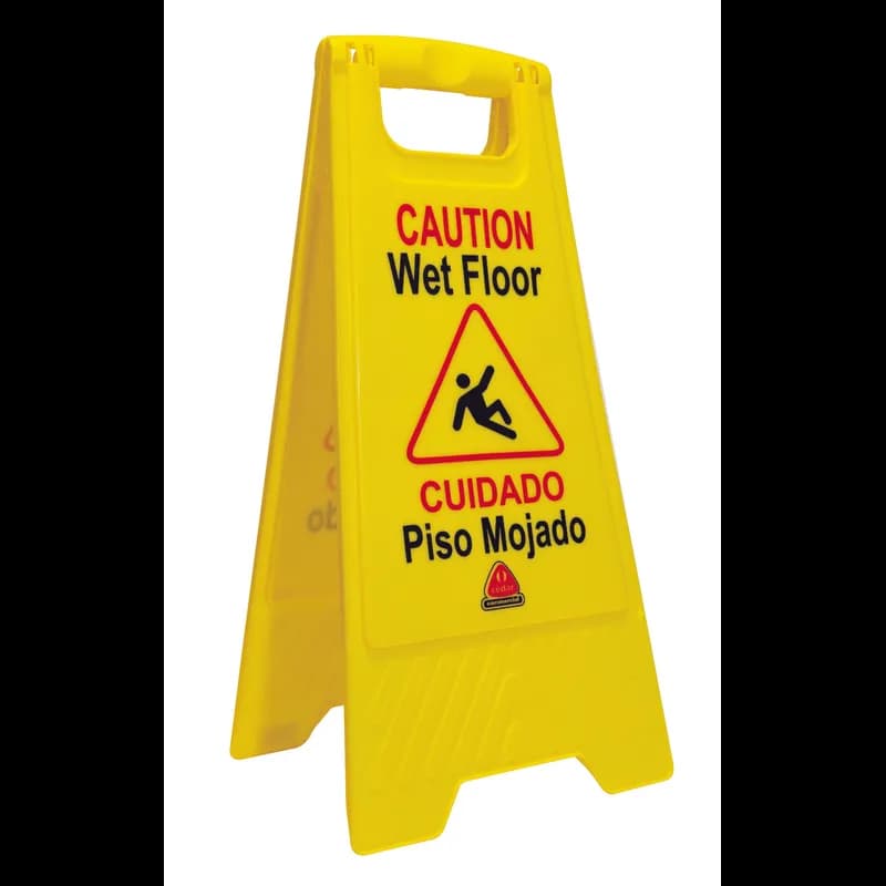 O-Cedar® Wet Floor Sign 26X12X1 IN Yellow Black Multilingual 2-Sided Heavy Duty Fold-Flat Design 1/Each