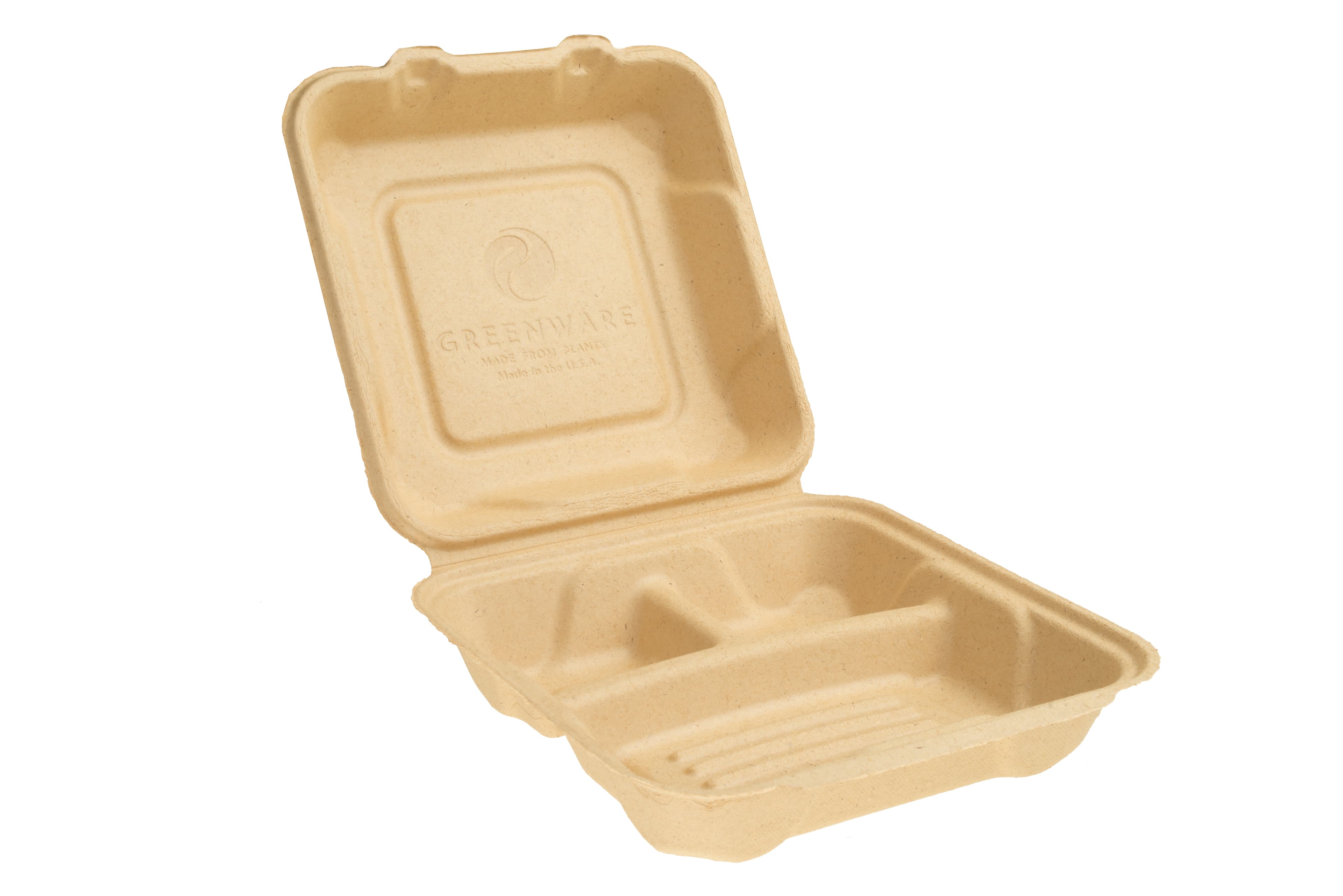 Greenware® Take-Out Container Hinged With Dome Lid 9.3X9.1X3.3 IN 3 Compartment Molded Fiber Natural Square 200/Case