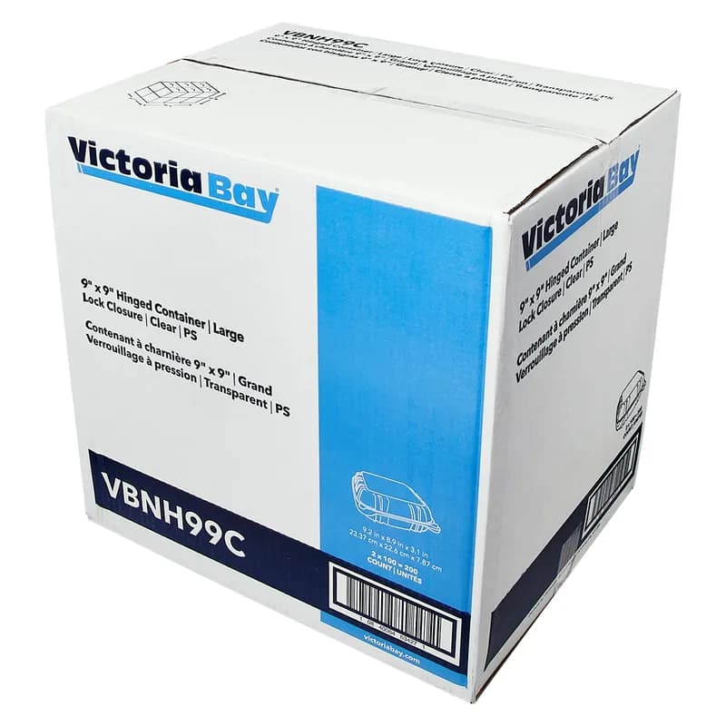 Victoria Bay Take-Out Container Hinged Large (LG) 9X9 IN PS Clear Square Lock 100 Count/Pack 2 Packs/Case 200 Count/Case