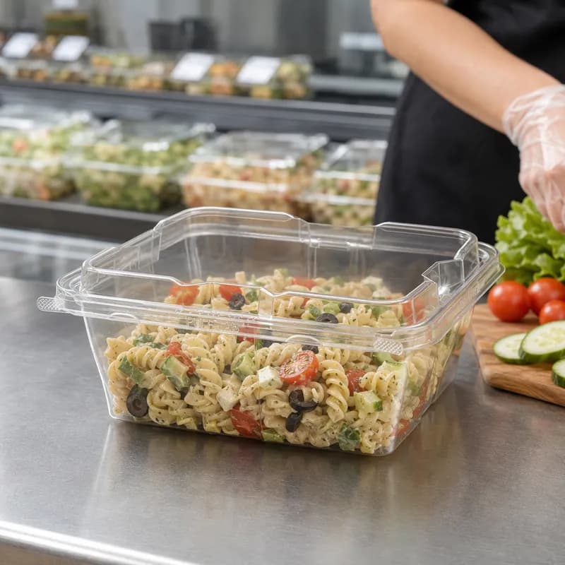 Safe-T-Fresh® Deli Container Hinged With Dome Lid 64 OZ RPET Clear Rectangle Deep 150/Case