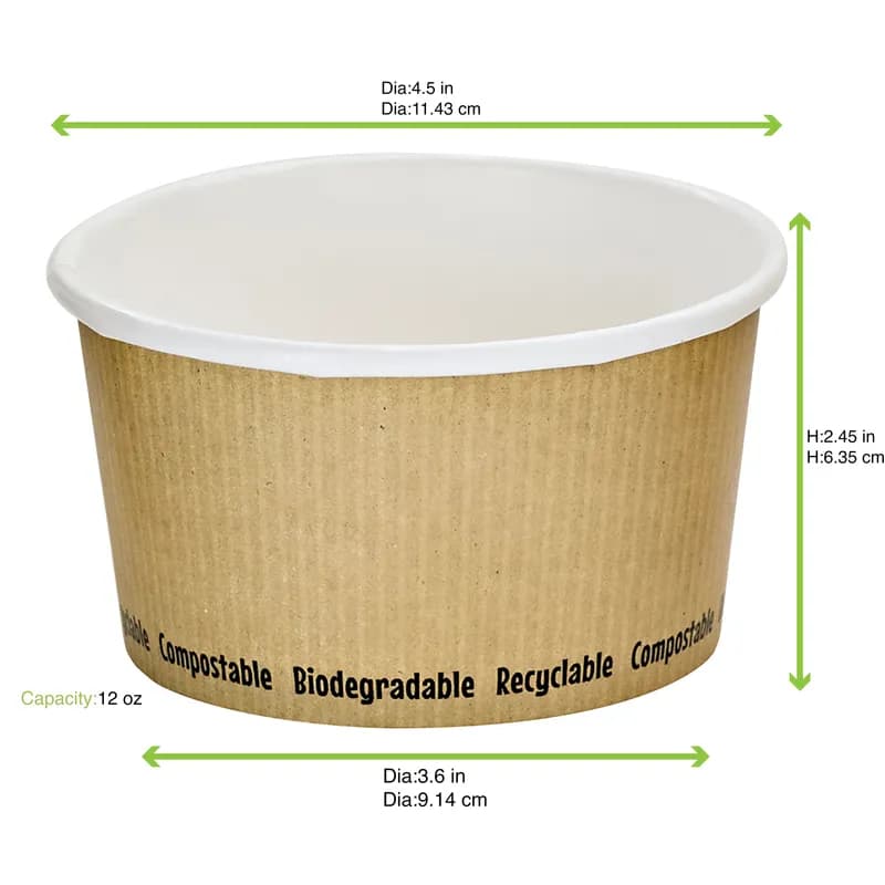 Soup Food Container Base 12 OZ Paper PLA Kraft Round Grease Resistant 25 Count/Pack 20 Packs/Case 500 Count/Case