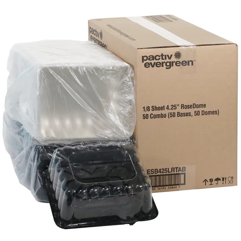 RoseDome 1/8 Sheet Cake Container & Lid Combo With Dome Lid 11X9X4.25 IN PET Clear Black Rectangle Long Tab 50/Case